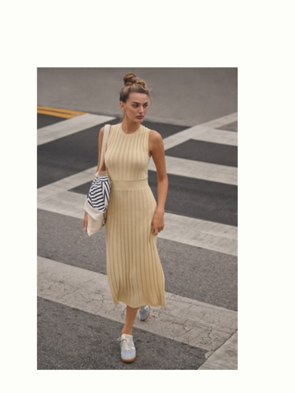 Varley Sleeveless Ribbed Midi Dress in Light Beige